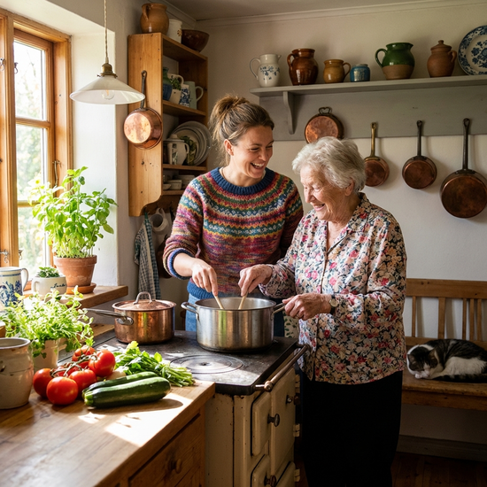 Eine freundliche Betreuungskraft kocht gemeinsam mit einer älteren Dame in einer gemütlichen, rustikalen Küche. Frisches Gemüse liegt auf der Arbeitsplatte, beide lachen.