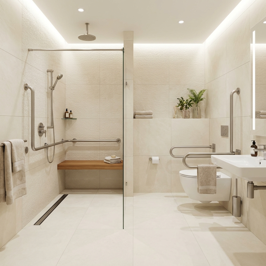 Ein modern renoviertes, barrierefreies Badezimmer mit einer bodengleichen Dusche, stabilen Haltegriffen und hellen Fliesen. Sauber, modern und absolut sicher für Senioren.