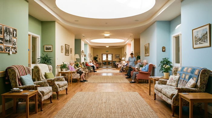 Ein sicherer, kreisförmiger Flur in einem Pflegeheim, hell erleuchtet mit sanften, beruhigenden Farben an den Wänden. Gemütliche Sitzgelegenheiten im Vintage-Stil am Rand laden zum Ausruhen ein.