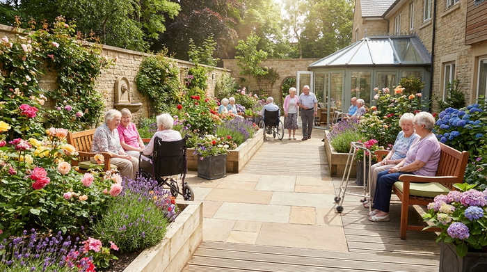 Ein sonniger, geschützter Innenhof eines Pflegeheims mit vielen bunten Blumen und bequemen Holzbänken. Ältere Menschen spazieren entspannt auf den sicheren, barrierefreien Wegen.