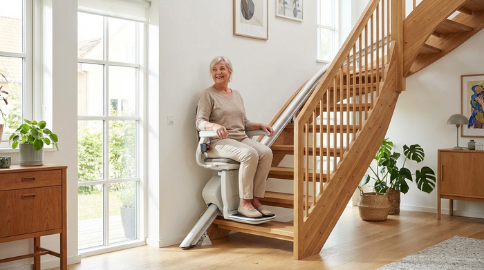 Eine ältere Frau sitzt entspannt in einem modernen Treppenlift und fährt lächelnd eine gepflegte Holztreppe hinauf. Das Wohnumfeld ist hell und einladend gestaltet.