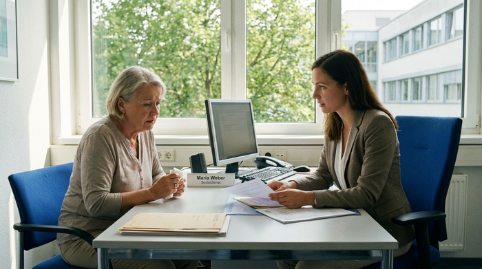 Zwei Frauen sitzen an einem Schreibtisch in einem hellen Büro eines Krankenhauses. Die jüngere Frau, eine Sozialarbeiterin, erklärt der älteren, besorgten Angehörigen einfühlsam einige Dokumente. Realistische Szene, professionelle Beratung.