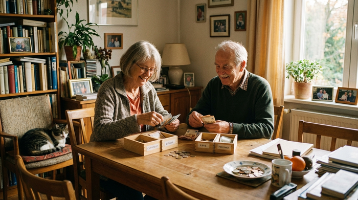 Ein älteres Ehepaar sitzt am Esstisch in ihrem gemütlichen Zuhause und sortiert gemeinsam übersichtlich Geldscheine und Münzen in kleine Holzkästchen. Friedliche Stimmung, warmes Licht.