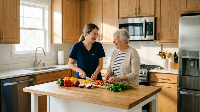 Eine freundliche osteuropäische Betreuungskraft kocht gemeinsam mit einer lächelnden Seniorin in einer modernen, sauberen Küche. Beide schneiden frisches Gemüse. Fotorealistisch, harmonisches Miteinander.