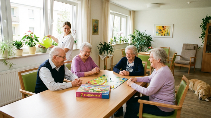 Ein heller, freundlicher Gemeinschaftsraum in einer Seniorenresidenz. Mehrere Senioren spielen fröhlich ein Brettspiel, während eine Pflegekraft im Hintergrund Blumen gießt. Sauber, einladend, tageslichtdurchflutet.