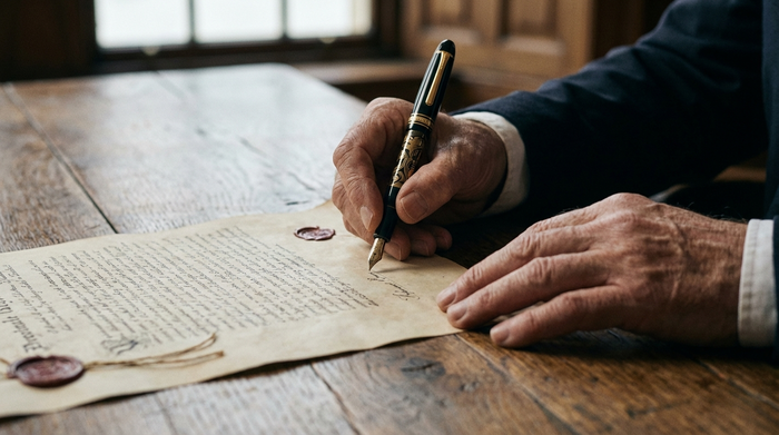Eine Nahaufnahme von zwei Händen, die behutsam einen edlen Füllfederhalter halten, um ein wichtiges Dokument auf einem massiven Holztisch zu unterschreiben. Seriös, rechtlicher Kontext, ohne lesbaren Text.