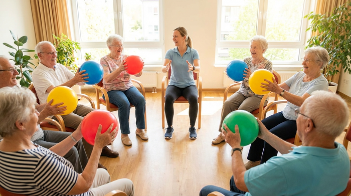 Eine Gruppe von Senioren sitzt in einem hellen Raum im Kreis und macht leichte Sitzgymnastik mit bunten Gymnastikbällen. Eine motivierte Therapeutin macht die Übungen vor. Alle lächeln und haben sichtlich Spaß an der Bewegung.