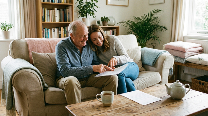 Ein älterer Herr und seine Tochter sitzen entspannt auf einem gemütlichen Sofa im Wohnzimmer und schauen sich gemeinsam lächelnd Dokumente an. Eine Tasse Tee steht auf dem Holztisch. Friedliche und erleichterte Stimmung.