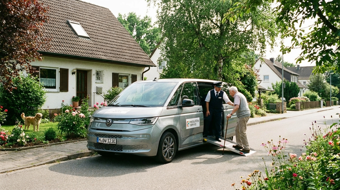 Ein moderner, rollstuhlgerechter Kleinbus parkt vor einem gepflegten Einfamilienhaus im Grünen. Ein freundlicher Fahrer hilft einem älteren Herrn mit Gehstock behutsam beim Einsteigen. Sonniges Wetter, friedliche Nachbarschaft.