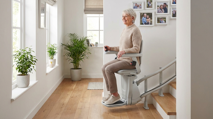 Eine ältere Frau bedient lächelnd einen modernen Treppenlift in einem hellen, aufgeräumten Flur. Sie trägt bequeme Alltagskleidung und wirkt sicher und unabhängig in ihren eigenen vier Wänden.