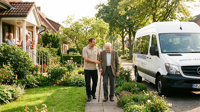 Ein fürsorglicher Fahrer begleitet einen älteren Herrn mit Gehstock langsam von der Haustür zu einem wartenden weißen Kleinbus. Helle, freundliche Atmosphäre, grüne Vorgärten.