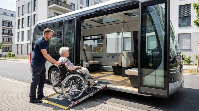Ein moderner Kleinbus mit ausgefahrener Rampe am Heck. Ein Fahrer schiebt behutsam eine ältere Dame im Rollstuhl in das geräumige, gut beleuchtete Fahrzeuginnere.