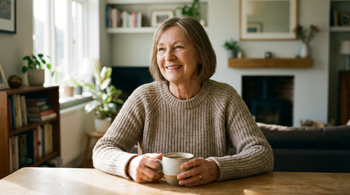 Eine entspannte ältere Frau sitzt lächelnd am Tisch und trinkt Kaffee, während im Hintergrund ein unscharfes, gemütliches Wohnzimmer zu sehen ist. Ruhige und sorgenfreie Stimmung.