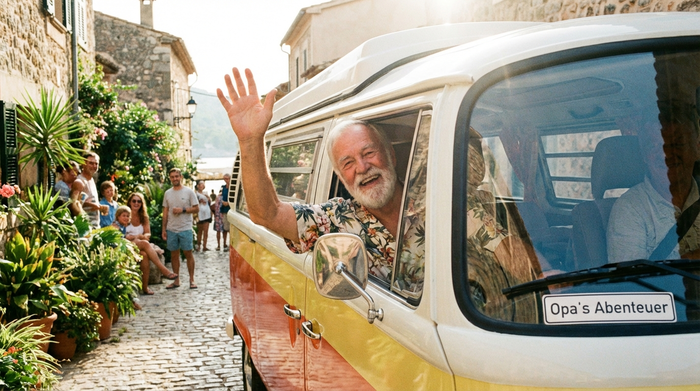 Ein freundlicher Senior winkt fröhlich aus dem geöffneten Fenster eines Kleinbusses. Strahlender Sonnenschein und eine entspannte, einladende Umgebung.
