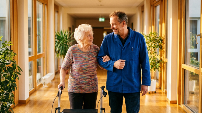 Ein freundlicher Pflegehelfer stützt eine ältere Dame liebevoll beim Gehen mit einem Rollator in einem hellen, freundlichen Flur. Beide lächeln sich an. Fotorealistisch, warme Beleuchtung, realistische Szene ohne Schrift.