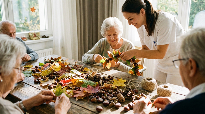 Mehrere ältere Menschen sitzen an einem Tisch und basteln gemeinsam herbstliche Dekorationen aus Naturmaterialien. Eine Betreuerin hilft einer Dame lächelnd dabei. Bunte Blätter und Kastanien liegen auf dem Tisch. Fotorealistisch, scharfer Fokus.