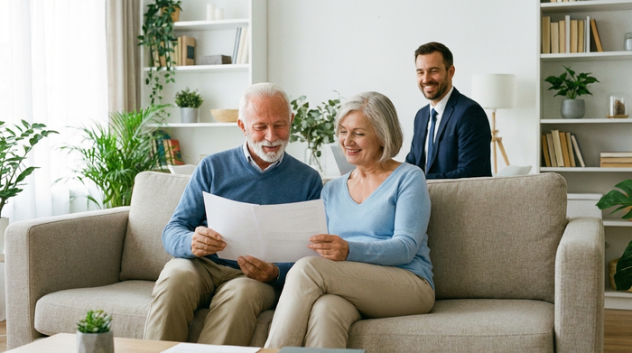 Ein älteres Ehepaar sitzt entspannt auf einem Sofa und schaut zufrieden in Unterlagen. Ein Berater im Hintergrund lächelt freundlich. Helle, aufgeräumte Wohnzimmeratmosphäre, professionelles Beratungsgespräch, fotorealistisch und ohne Text.