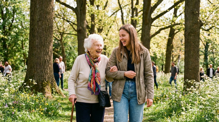 Eine ältere Person und eine freundliche jüngere Helferin spazieren gemeinsam lachend durch einen grünen Park an einem sonnigen Tag. Realistische, klare Szene ohne Text.