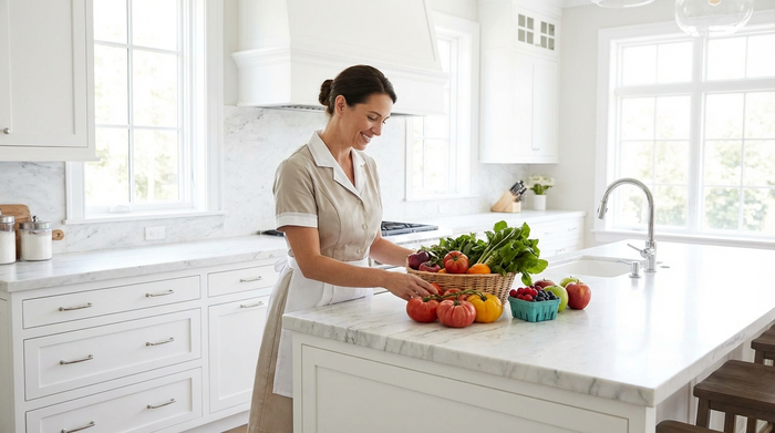 Eine ordentlich gekleidete Haushaltshilfe räumt frisches Gemüse und Obst in eine moderne, saubere Küche ein. Helles Licht, aufgeräumte Arbeitsflächen, keine Beschriftungen.