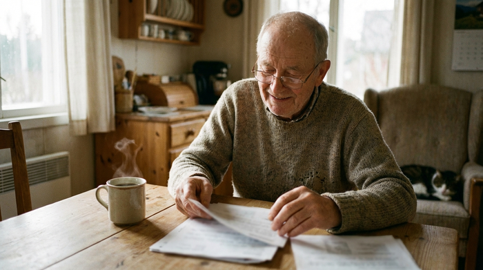Ein Senior sitzt am Küchentisch und sortiert entspannt Unterlagen, während eine Tasse Kaffee daneben steht. Fokussierte, ruhige Atmosphäre, weiches Tageslicht, keine lesbaren Dokumente.