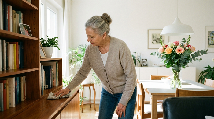 Eine ältere, rüstige Frau wischt mit einem Staubtuch über ein Holzregal in einem aufgeräumten, hellen Wohnzimmer. Im Hintergrund stehen frische Blumen auf einem Tisch. Realistische, saubere Umgebung.