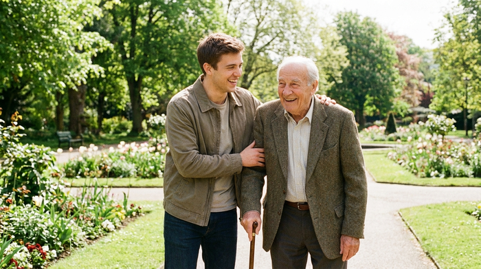 Ein junger Mann und ein älterer Herr gehen gemeinsam durch einen sonnigen Park. Der ältere Herr stützt sich leicht auf einen Gehstock, beide lachen und wirken vertraut. Grüne Bäume und gepflegte Wege im Hintergrund.