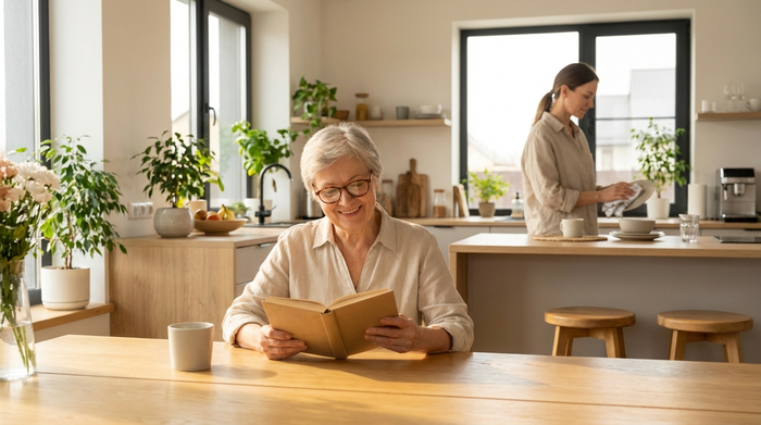 Eine ältere Dame sitzt entspannt am Küchentisch und liest ein Buch, während im Hintergrund eine Betreuungskraft das Geschirr abtrocknet. Die Küche ist modern, hell und aufgeräumt. Harmonische Stimmung.