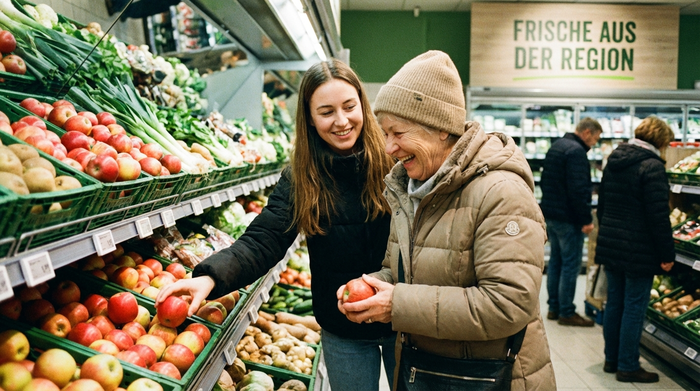 Zwei Frauen stehen gemeinsam in einer Supermarkt-Filiale vor dem Gemüseregal. Die jüngere Frau hilft der älteren Dame beim Auswählen von frischen Äpfeln. Beide wirken entspannt und fröhlich.