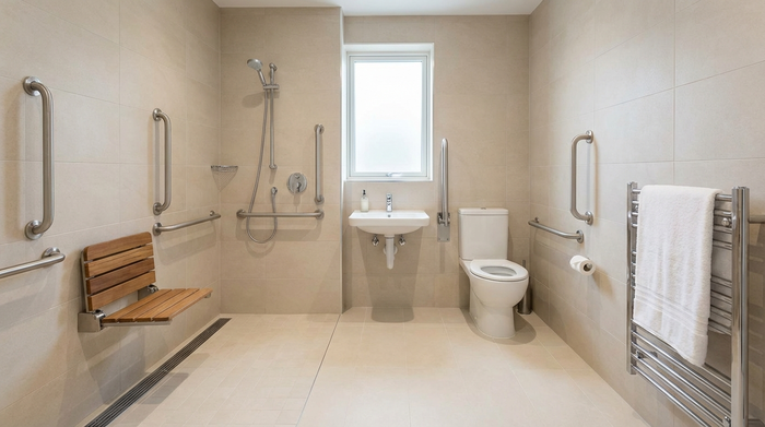 Ein modernes, barrierefreies Badezimmer mit einer bodengleichen Dusche und Haltegriffen. Helle Fliesen, sauberes und sicheres Umfeld ohne sichtbare Texte oder Marken. Ein Handtuch hängt ordentlich an der Wand.