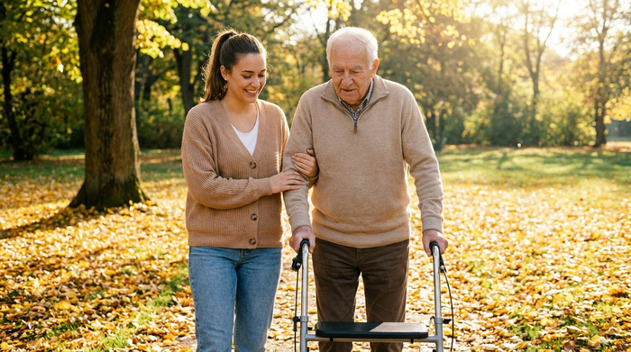 Eine junge, fürsorgliche Pflegerin geht gemeinsam mit einem älteren Herrn am Rollator durch einen herbstlichen Park. Goldene Blätter, sonniges Wetter, entspannte Atmosphäre, realistische Fotografie ohne Text.
