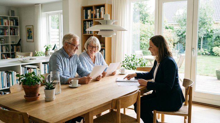 Ein älteres Ehepaar sitzt gemeinsam mit einer freundlichen Beraterin an einem hellen Esstisch und bespricht entspannt Dokumente. Auf dem Tisch stehen Kaffeetassen. Helle, freundliche Umgebung, professionelle und vertrauensvolle Stimmung.