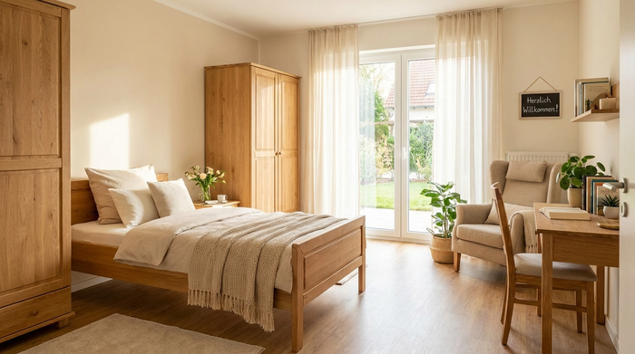 Ein helles, freundlich eingerichtetes Gästezimmer für eine Betreuungskraft mit einem bequemen Bett, einem Holzschrank und einem großen Fenster, durch das sanftes Tageslicht fällt. Einladend, sauber und ordentlich.