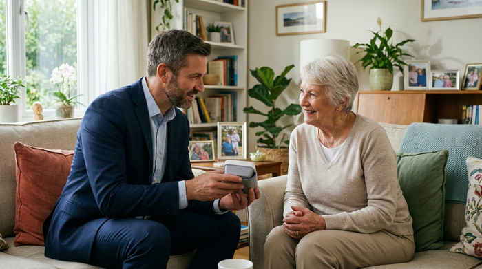 Ein professioneller Berater in ordentlicher Kleidung erklärt einer älteren Dame in ihrem gemütlichen Wohnzimmer ein medizinisches Gerät. Beide wirken entspannt und vertrauensvoll. Helle, realistische Szene ohne Text.