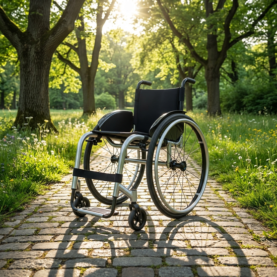 Ein leichter, moderner Aluminium-Rollstuhl steht unbenutzt auf einem gepflasterten Weg in einem sonnigen, grünen Park. Hochauflösend, klares Design, ohne Text.