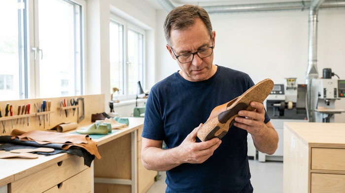 Ein Orthopädieschuhtechniker in einem hellen, modernen Arbeitsraum begutachtet sorgfältig eine maßgefertigte Schuheinlage. Im Hintergrund sind unscharf Werkzeuge und lederne Materialien auf einer sauberen Werkbank zu sehen.