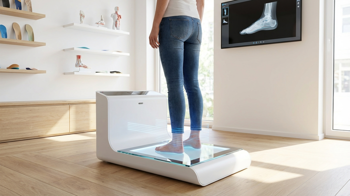 Ein moderner, sauberer 3D-Fußscanner in einem hellen Sanitätshaus. Eine Person steht barfuß auf der beleuchteten Glasplatte des Geräts, während sanftes blaues Licht die Füße abtastet. Realistische, medizinische Umgebung.