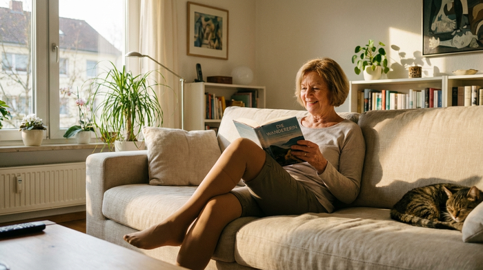 Eine aktive Seniorin sitzt entspannt auf einem bequemen Sofa und liest ein Buch, während sie gut sitzende, hautfarbene Kompressionsstrümpfe trägt. Gemütliches, aufgeräumtes Wohnzimmer mit warmem Sonnenlicht.