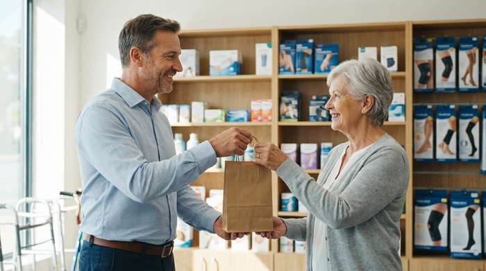 Ein freundlicher Berater in einem hellen Sanitätshaus überreicht einer lächelnden Seniorin eine kleine Papiertüte. Im Hintergrund sind unscharf aufgeräumte Regale mit Gesundheitsprodukten zu erkennen.