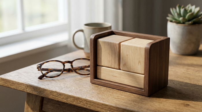 Ein stilvoller Tischkalender aus Holz steht auf einem sauberen Schreibtisch, daneben liegt eine Lesebrille. Helles, freundliches Tageslicht erzeugt eine ruhige Atmosphäre. Realistische Nahaufnahme, keine lesbaren Texte.
