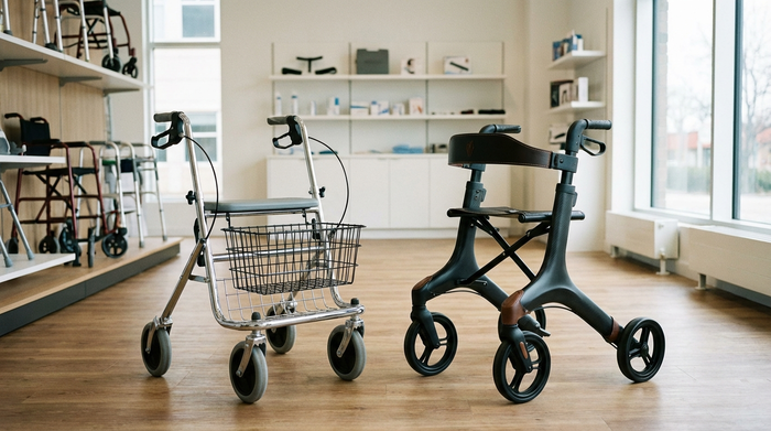 Zwei verschiedene Rollatoren stehen nebeneinander in einem hell erleuchteten Sanitätshaus. Ein klassisches Standardmodell aus Metall und ein elegantes, schwarzes Carbon-Modell. Hochwertige Fotografie, saubere Umgebung, ohne Text.