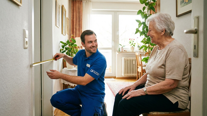 Ein freundlicher Sanitätshaus-Mitarbeiter in blauer Arbeitskleidung misst mit einem Maßband den Flur in der Wohnung einer lächelnden Seniorin aus. Helle, freundliche Atmosphäre, professionelles Auftreten.