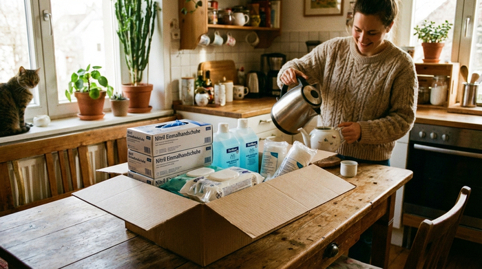 Ein ordentlich gepackter Karton mit Pflegehilfsmitteln wie Einmalhandschuhen und Desinfektionsmitteln steht auf einem Holztisch. Im Hintergrund bereitet eine Frau entspannt Tee zu. Gemütliche, saubere Wohnatmosphäre.