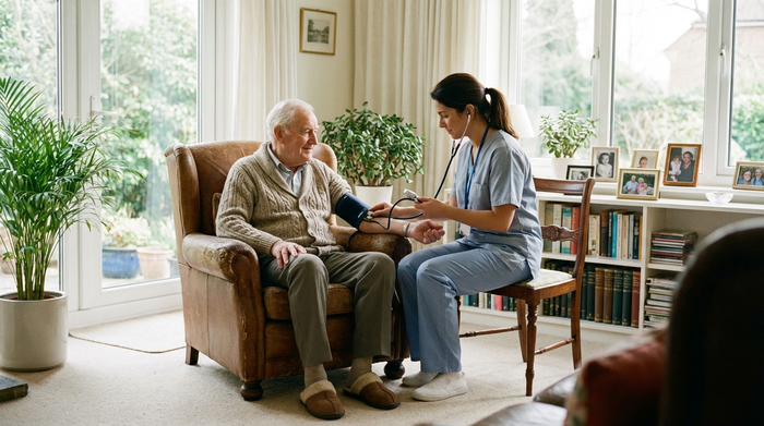Eine erfahrene Pflegekraft misst behutsam den Blutdruck eines älteren Herrn, der entspannt in seinem Sessel im Wohnzimmer sitzt. Helle, freundliche Umgebung, medizinische Routine, vertrauensvolle Interaktion.