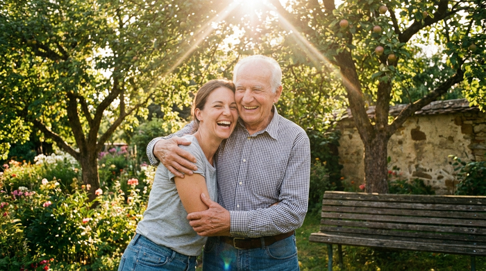 Eine erwachsene Tochter umarmt ihren älteren Vater liebevoll im heimischen Garten. Beide lachen glücklich. Warme Sonnenstrahlen fallen durch die Blätter der Bäume. Harmonischer Generationenmoment.