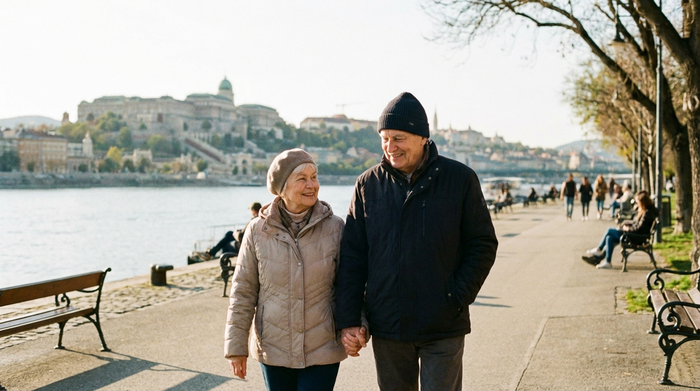 Ein älteres Ehepaar spaziert Hand in Hand entspannt an der Donaupromenade entlang, im Hintergrund leicht verschwommen die Silhouette einer historischen Altstadt. Sonniges Wetter, friedliche Stimmung.