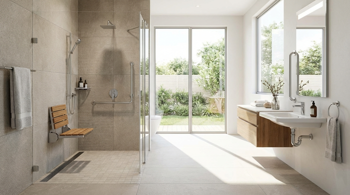 Ein modernes, helles Badezimmer mit einer eleganten, bodengleichen Dusche und rutschfesten Fliesen. Ein klappbarer Duschsitz ist an der Wand montiert. Barrierefrei, sauber und stilvoll eingerichtet.