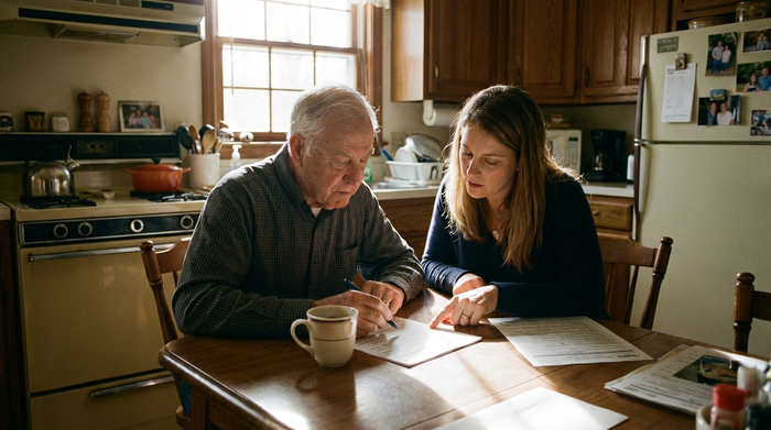 Ein älterer Herr sitzt mit seiner Tochter am Küchentisch und füllt gemeinsam konzentriert Formulare aus. Eine Tasse Kaffee und ein Stift liegen auf dem Holztisch. Unterstützende Atmosphäre.