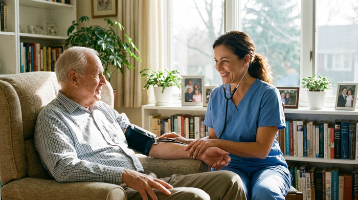 Eine examinierte Pflegekraft misst sanft den Blutdruck eines älteren Herrn, der bequem in einem Sessel sitzt. Helles Wohnzimmer, medizinische Routine, fürsorgliche Geste, realistische Szene ohne Text.