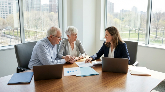 Ein älteres Ehepaar sitzt mit einer Beraterin in einem modernen, hellen Büro zusammen. Dokumente liegen auf dem Tisch, die Stimmung ist beratend, seriös und unterstützend.