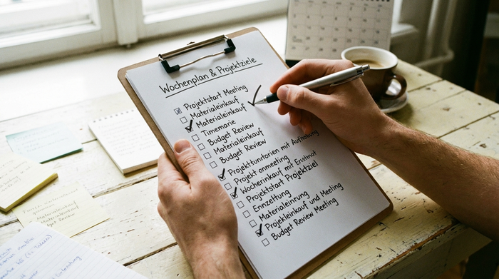 Nahaufnahme von Händen, die gemeinsam eine detaillierte Checkliste auf einem Klemmbrett durchgehen. Ein Stift hakt einen Punkt ab. Heller Holztisch, Fokus auf sorgfältige Planung.